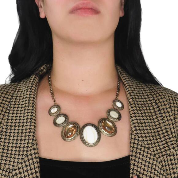 1990s Vintage Chunky Amber Pearly Stone Bib Necklace - Picture 1 of 4